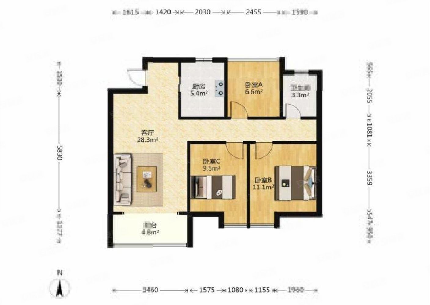 南山维拉3室2厅1卫96㎡南北160万