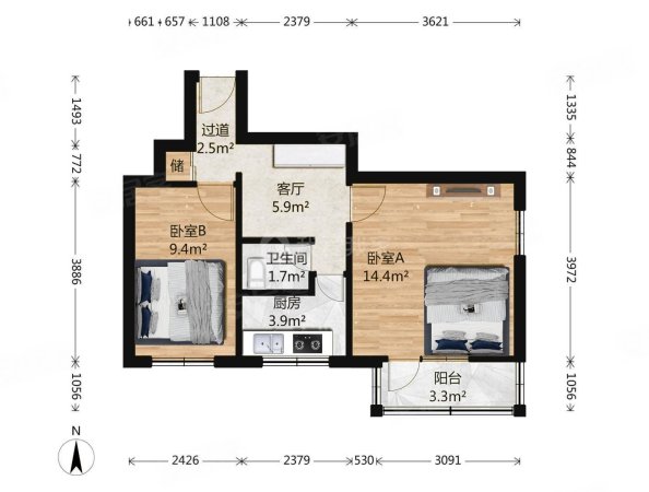 玉桥中路2号院2室1厅1卫54.33㎡南北175万