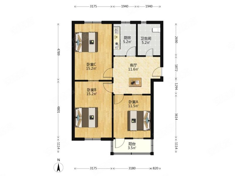 三元二村3室2厅2卫76.75㎡南北122万