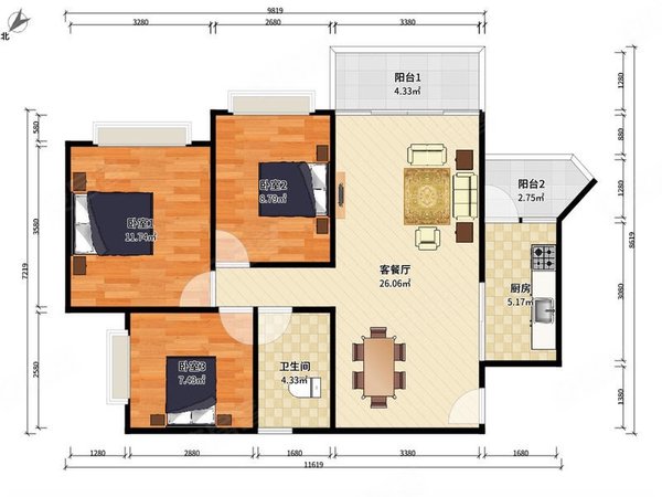 叠翠峰三房一卫朝南,整租,价格真实,房源真实,随时看房家私齐
