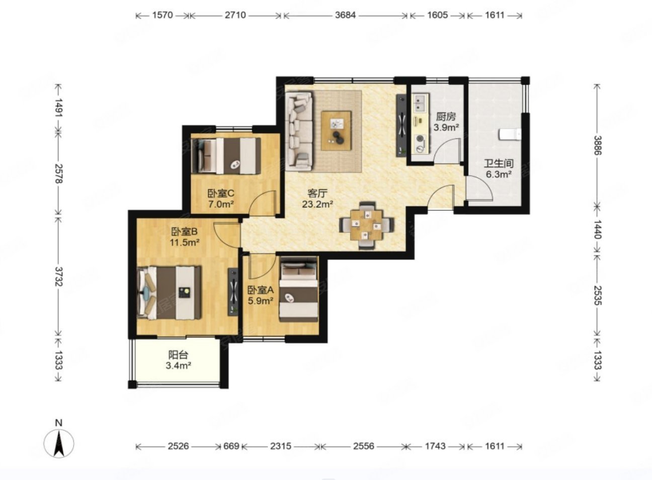 满堂悦moma3室2厅1卫91.77㎡南北142.5万