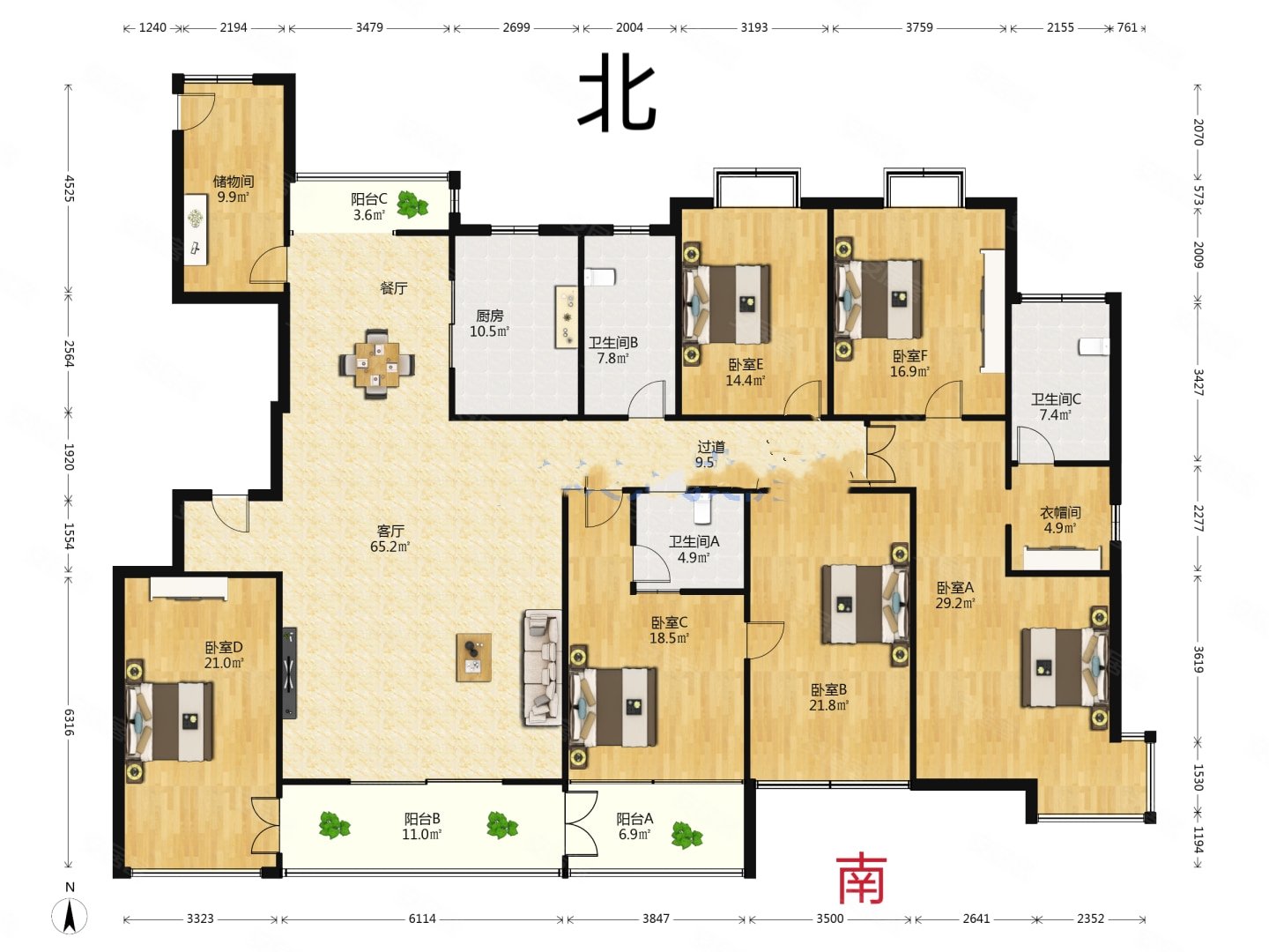 高新艾溪湖豪装大平层302平方米,共有六间房,丹桂苑