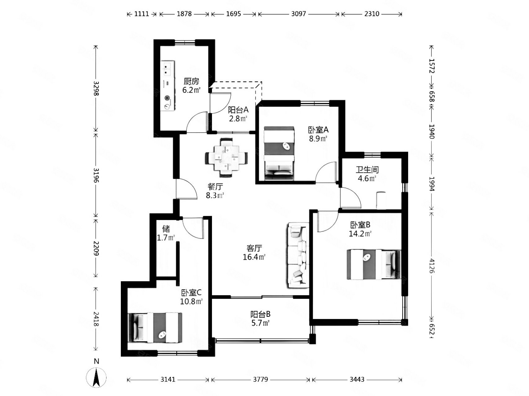 云汉富颐苑3室2厅1卫106㎡南北170万