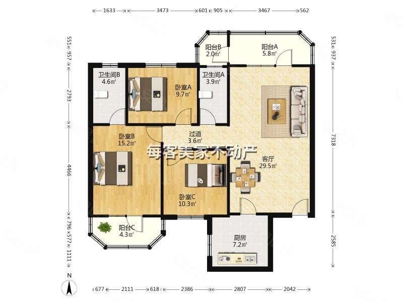 阳光舜城中区六区3室2厅2卫118.35㎡南北195万