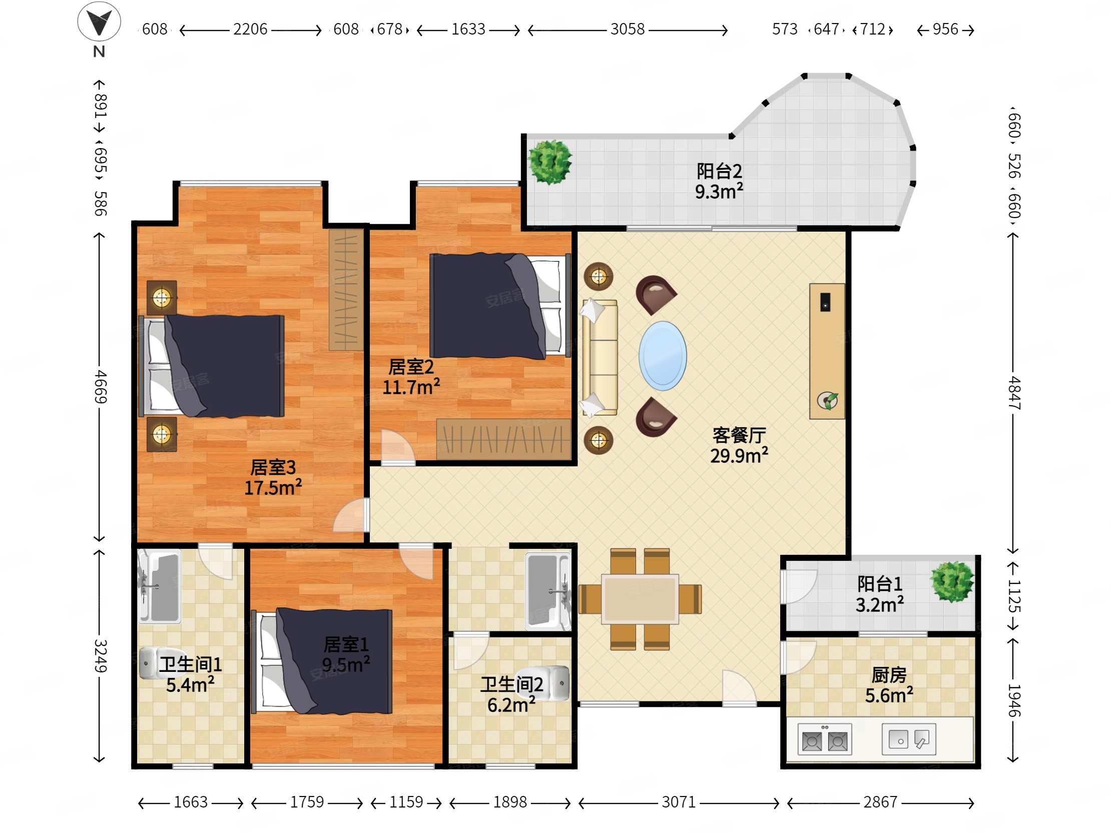 蓝波水岸华庭3室2厅2卫117.68㎡南北120万