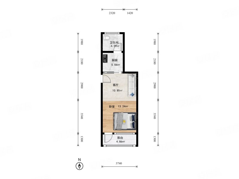 建材城西一里1室1厅1卫46.15㎡南北300万