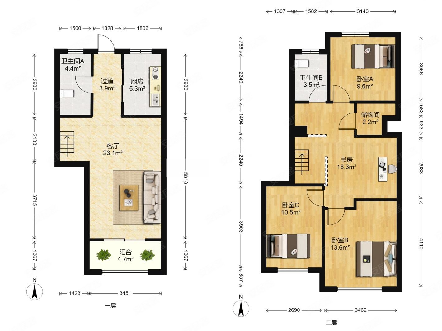 此房复式三房两卫一书房满二户型方正