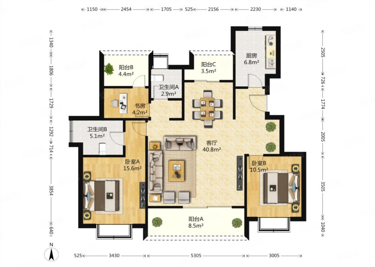 新上荷澜庭洋房 实得面积约140平三阳台 清水毛坯随