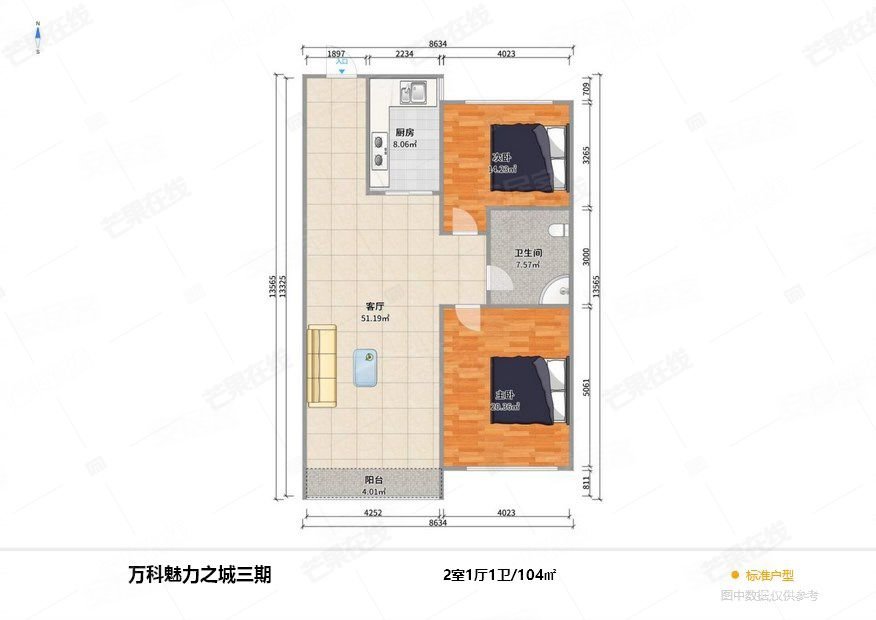 万科魅力之城2室1厅1卫103.71㎡南北79万