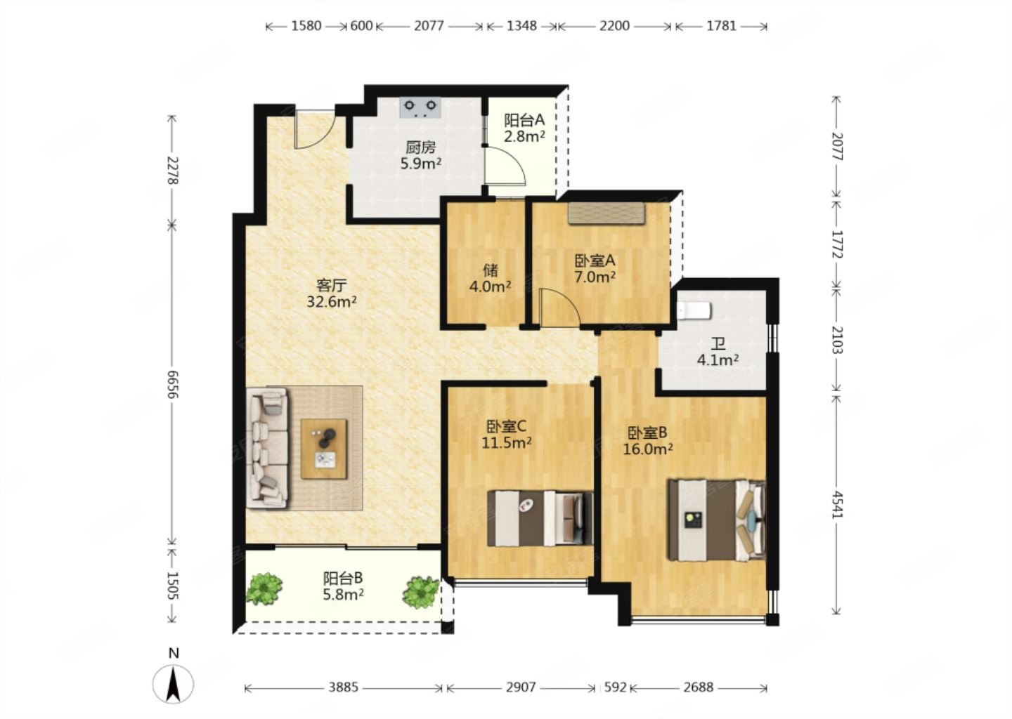 花曼丽舍3室2厅2卫105.59㎡南150万