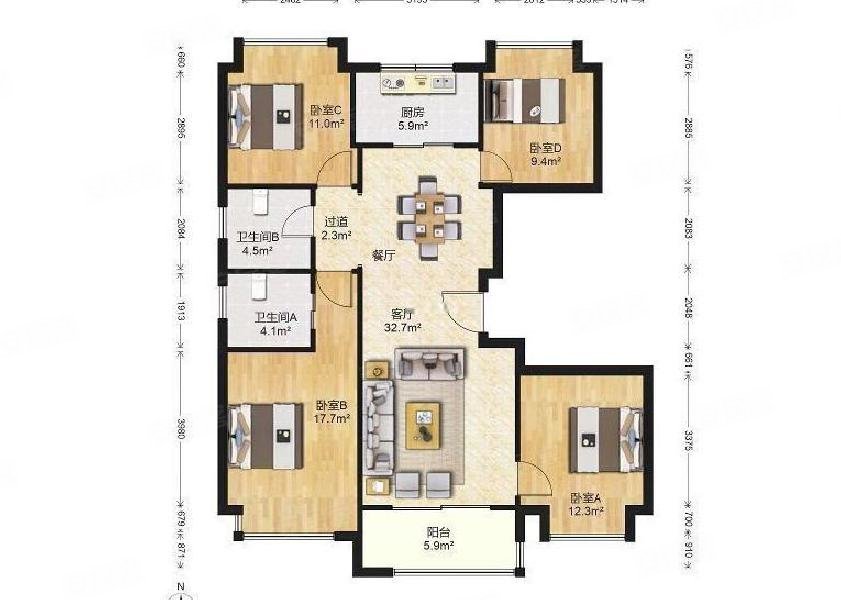 君御豪庭4室2厅3卫174.64㎡南北2300万