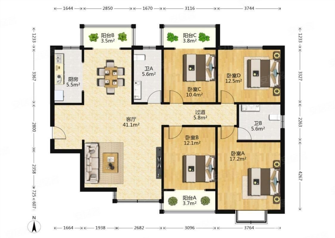 力合翰林苑4室2厅2卫155㎡南北145万