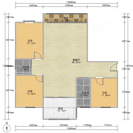 安泰华庭3室2厅2卫134㎡南北165万