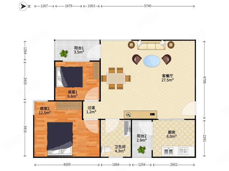 云海天城世家2室2厅1卫75.89㎡西南602万