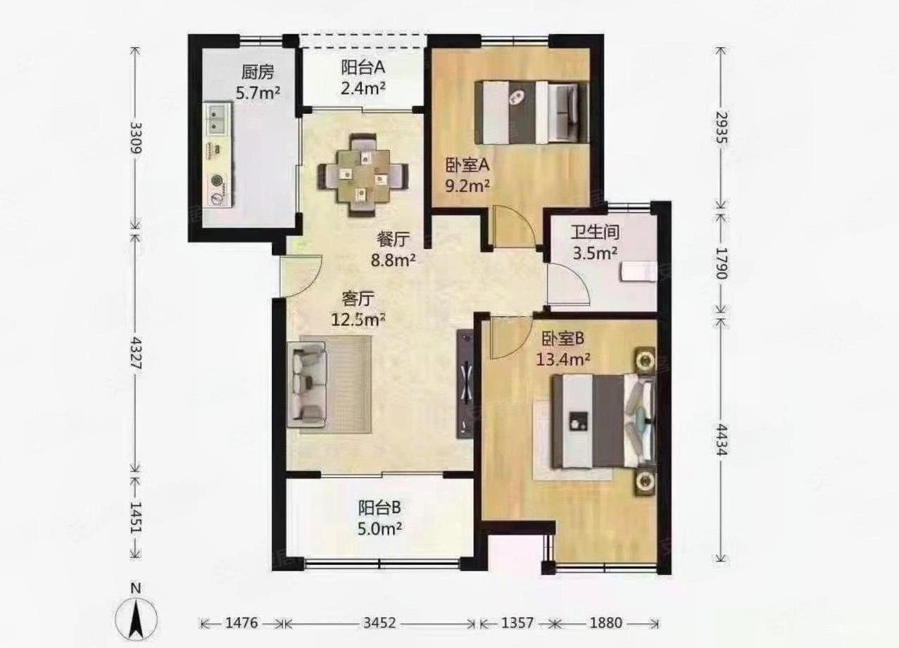 高盛家园2室2厅1卫88.5㎡南310万