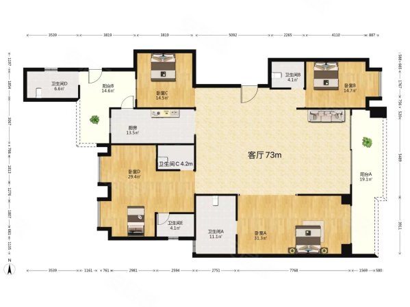 西北湖壹号御玺湾5室2厅5卫277.6㎡南北1190万