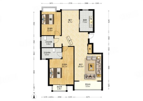 格调春天2室2厅1卫125.75㎡南北499万