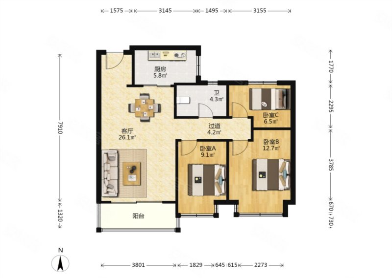 恒大雅苑,三室小户,三房户型