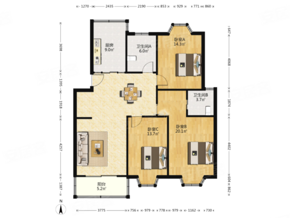 天筑家园(北区)3室2厅2卫122.58㎡南北320万