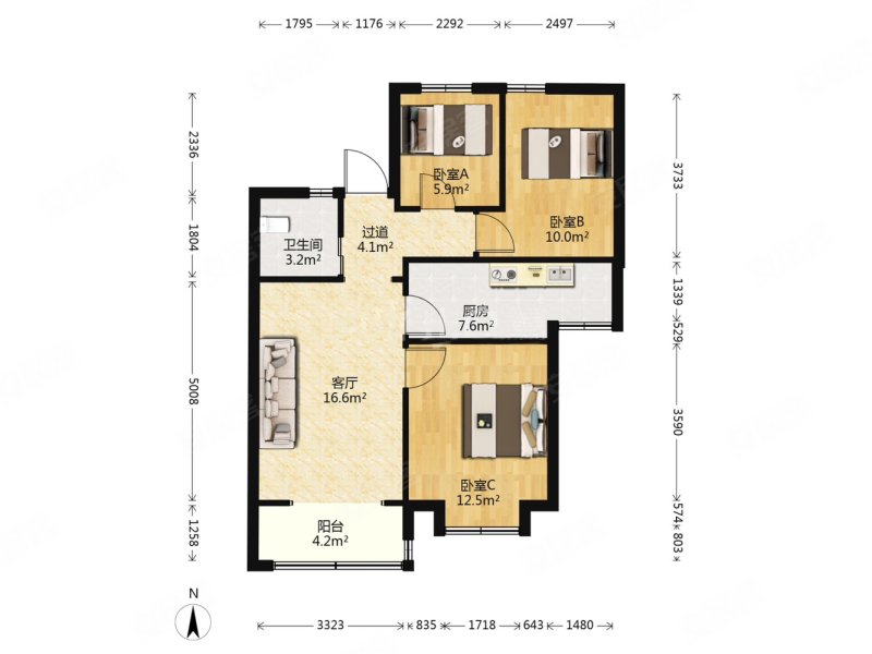 锦绣华府东苑,电梯入户,3室2厅1卫,99.47平米.