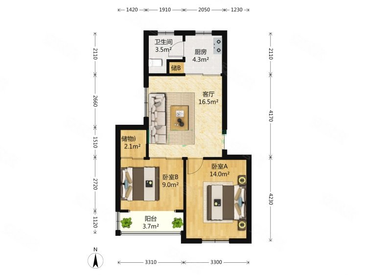 安临小区2室1厅1卫73.06㎡南北310万