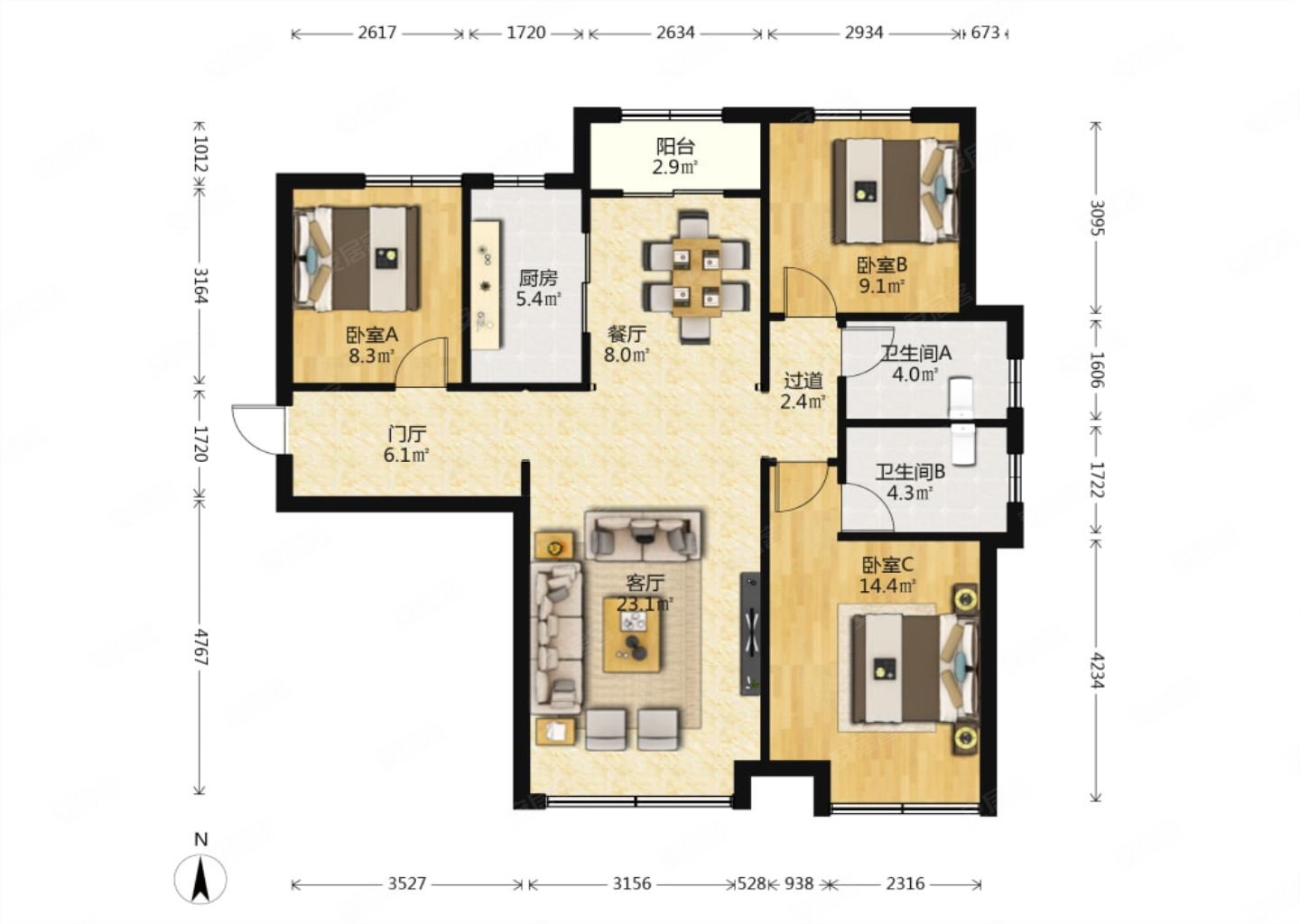 大明宫西派国际双卫生间三室两厅南北通透中间楼层采光好