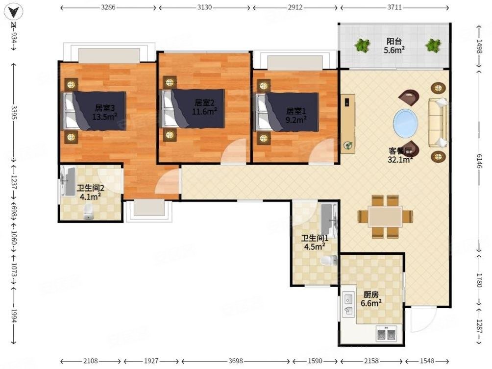 华盛珑悦~东南两居室~有钥匙~户型方正~采光好无遮挡