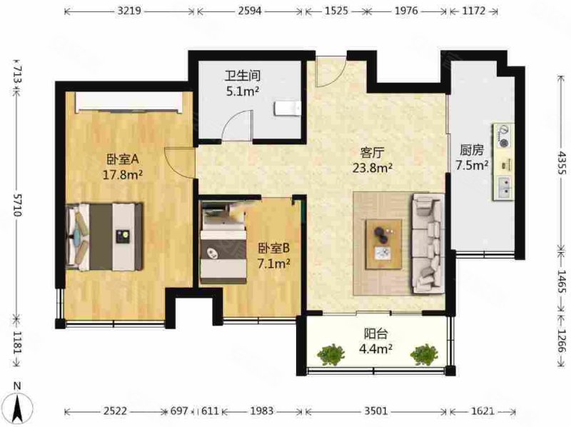 保利百合花园2室2厅1卫85.11㎡南155万