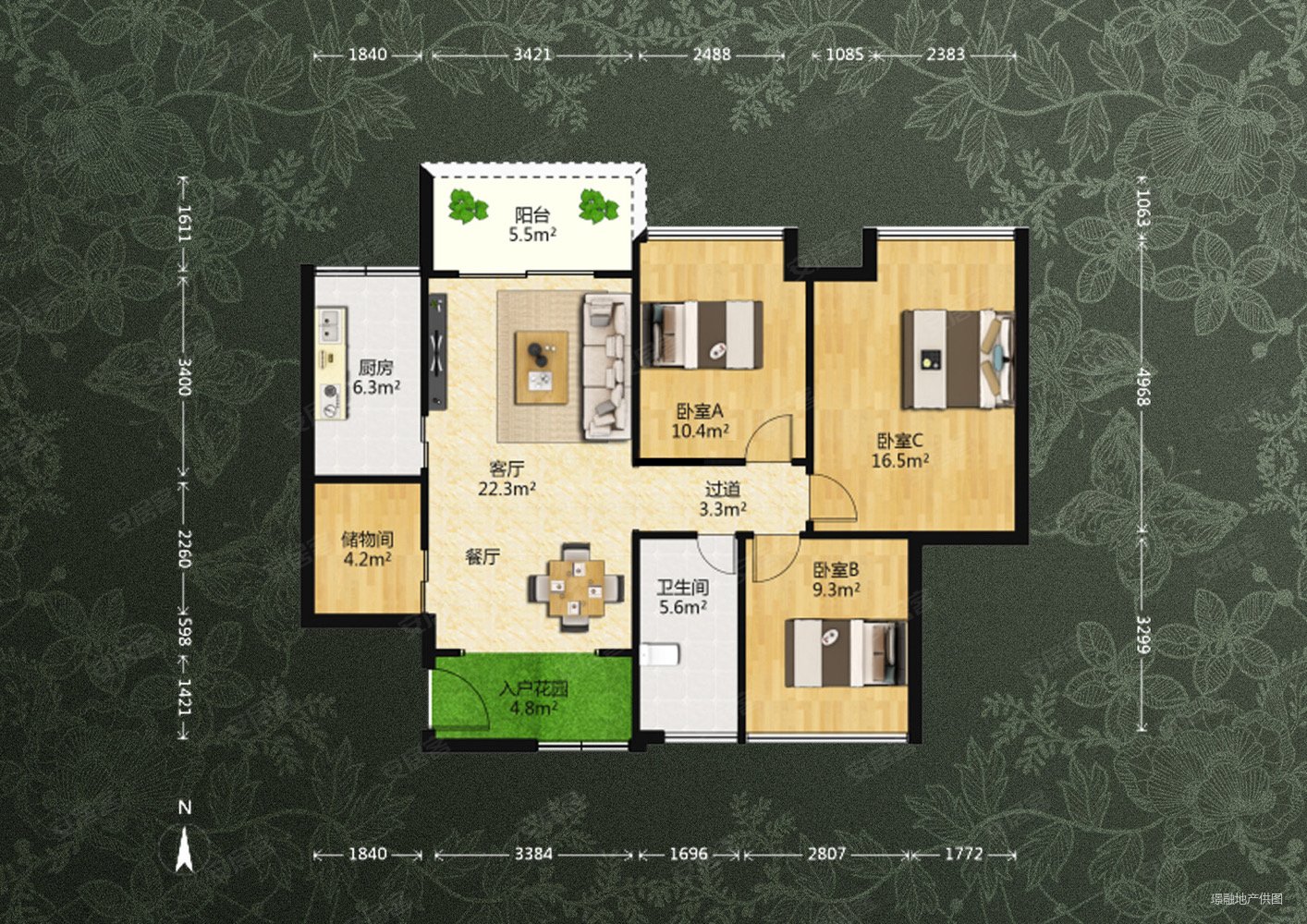 海伦堡海伦春天3室2厅1卫104.29㎡北120万
