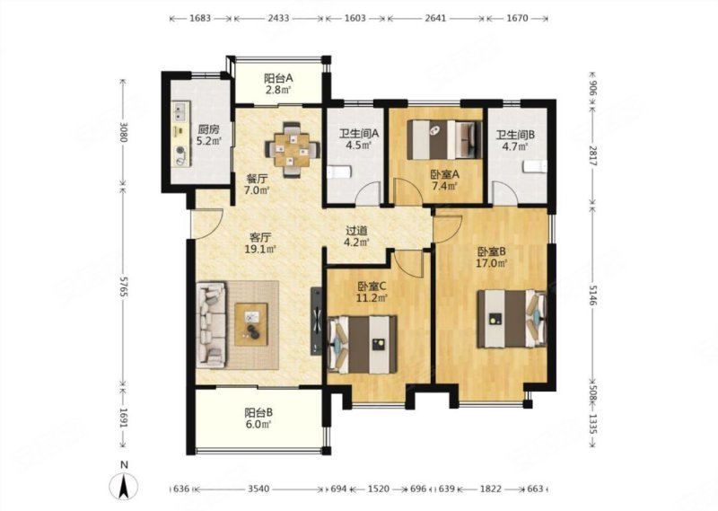 世茂璀璨倾城东区3室2厅2卫123.82㎡南北186万