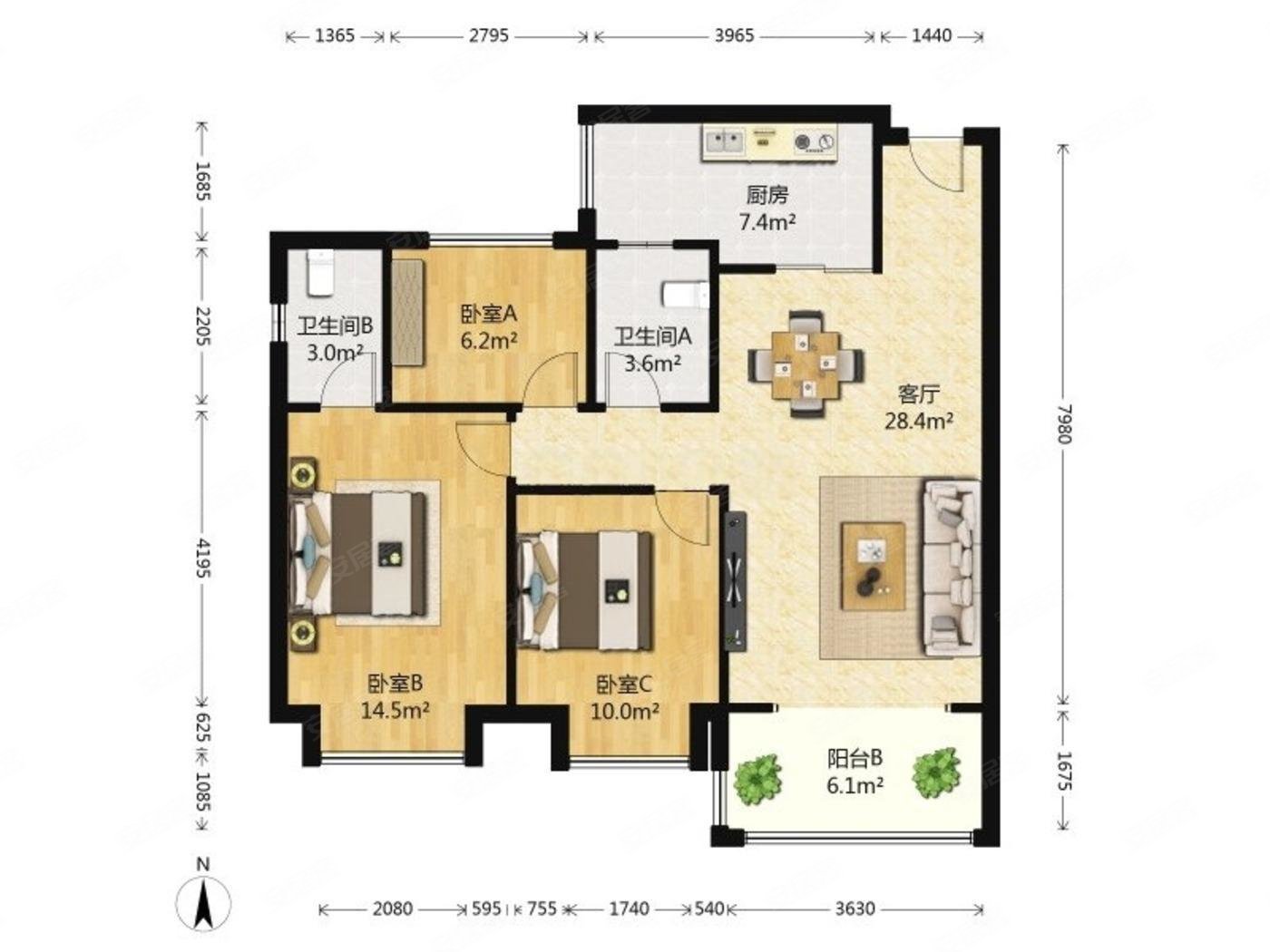 金茂悦龙山3室2厅2卫89.56㎡南北万