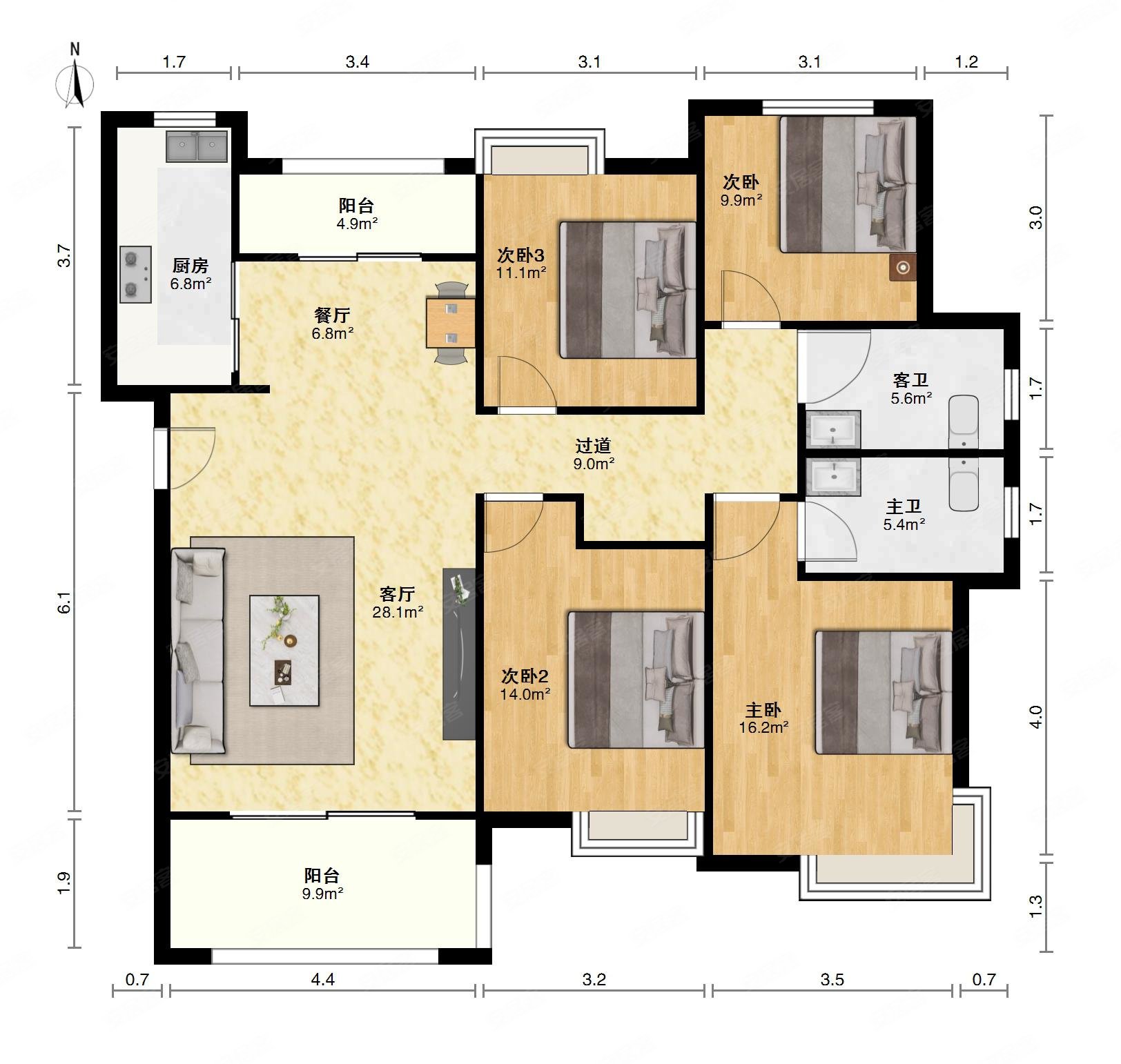 精装4室2厅2卫2阳台真漂亮错层设计真时尚
