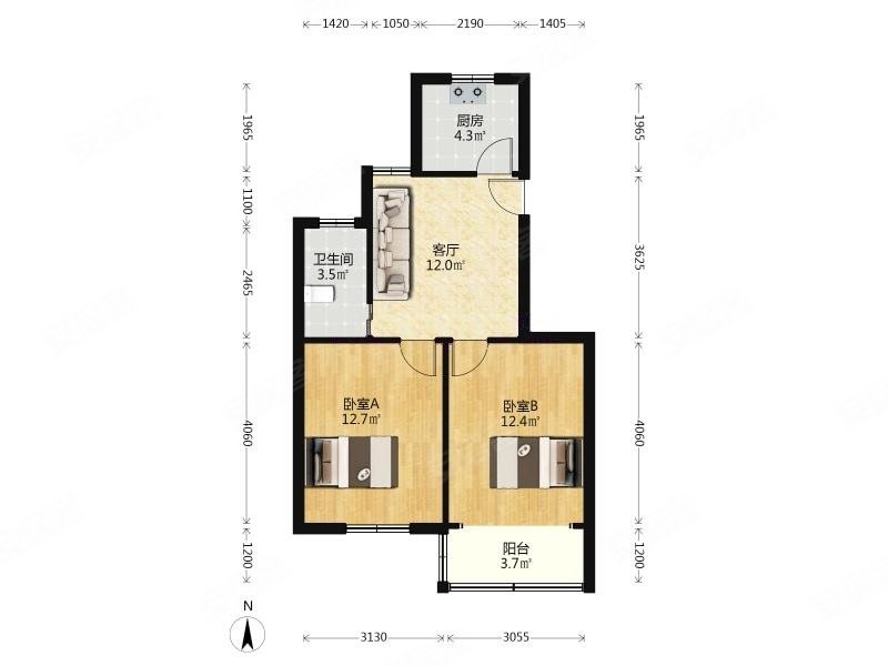 淞南三村2室1厅1卫62.35㎡南199万