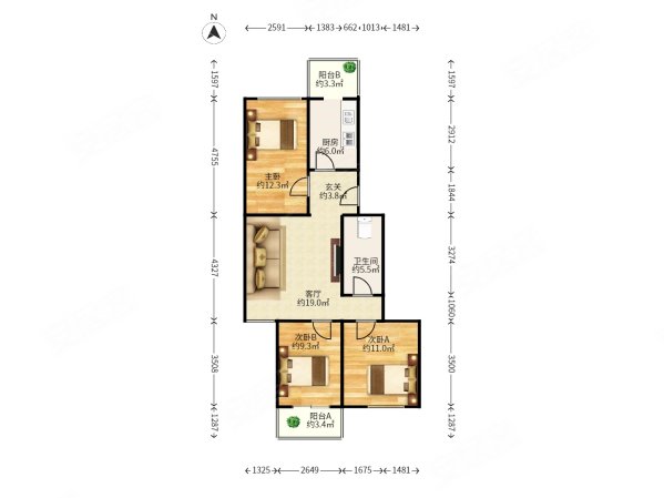 三合南里(西区)3室1厅1卫80.29㎡南北320万