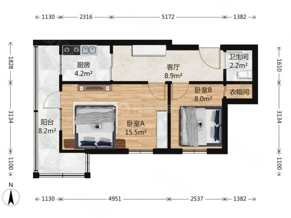 万明路18号院2室1厅1卫60.92㎡西南608万