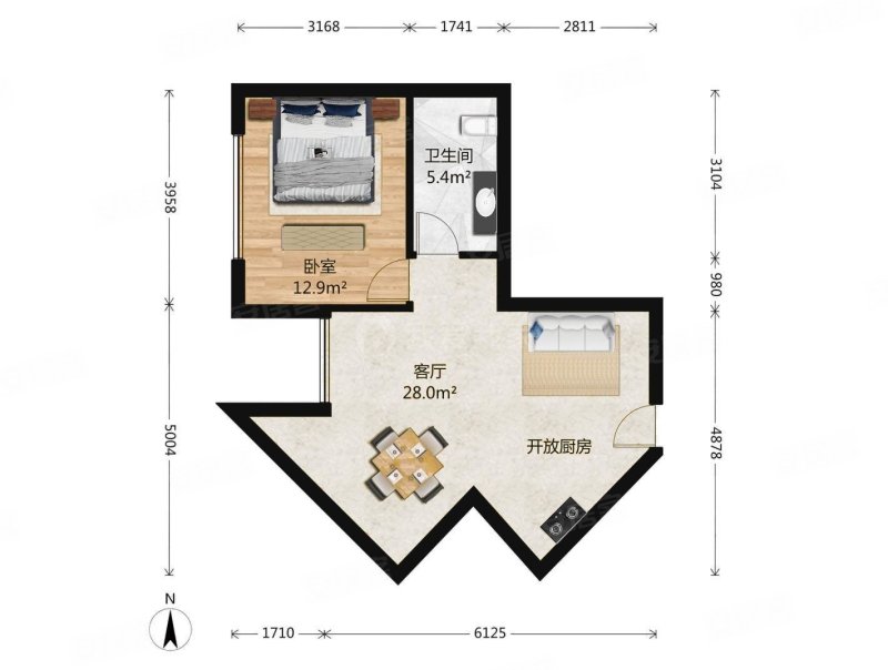 蓝堡国际公寓1室1厅1卫65.44㎡西626万