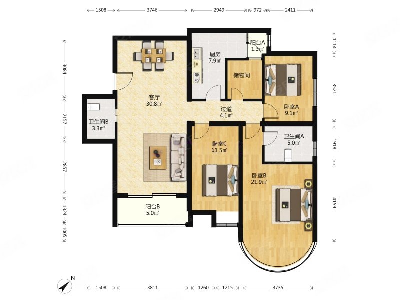 珠江绿洲家园3室2厅2卫144.32㎡东南652万