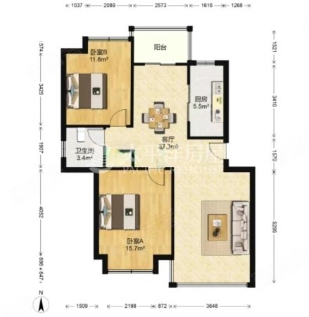 文翔名苑(公寓住宅)2室2厅1卫90.61㎡南北312万