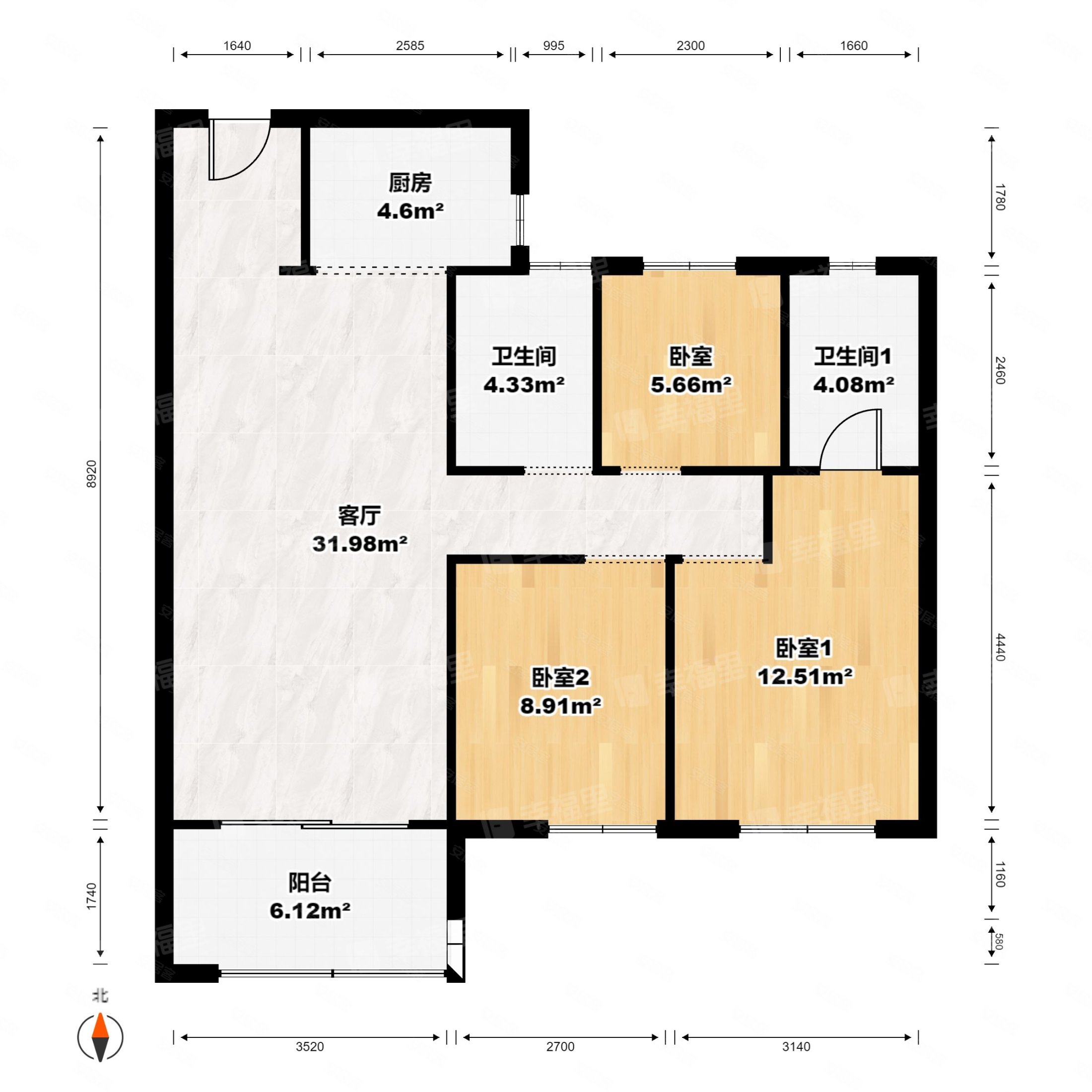 中海观澜府3室1厅2卫94.92㎡南北195万