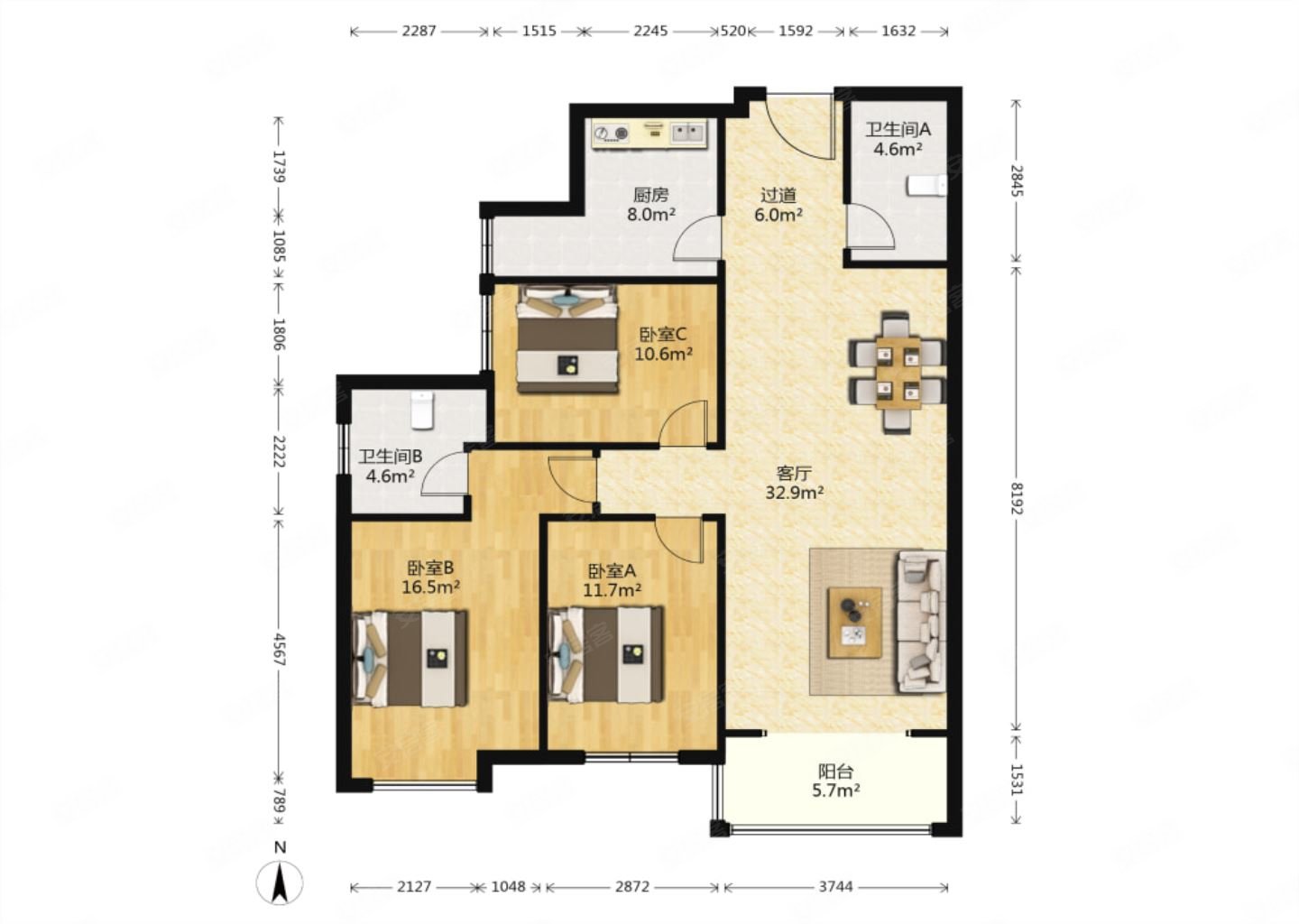阳光台3653室2厅1卫126.16㎡南189万