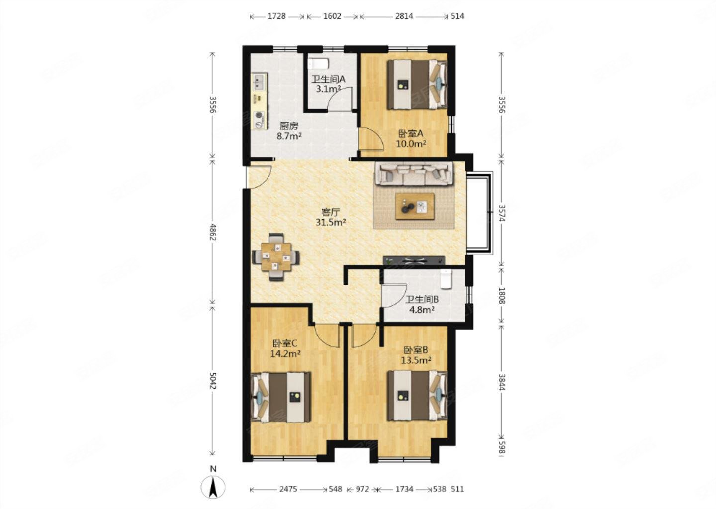 金茂湾二期套三东户双厅双卫精装修南北通透全明户型