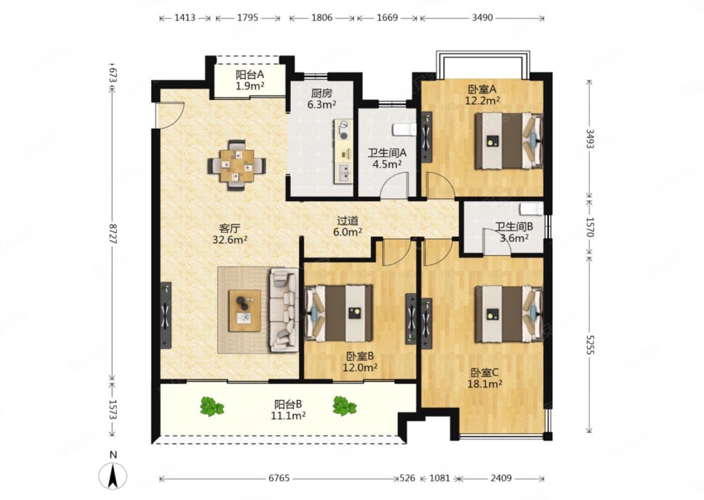绿地朝阳中心3室2厅2卫135.21㎡南北235万