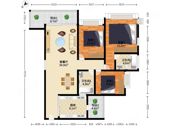 奕翠园3室2厅2卫131.8㎡南北220万