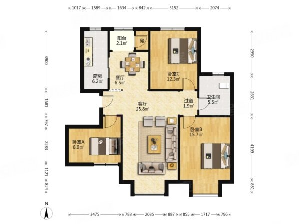 格调竹境3室2厅1卫117.18㎡南北268万