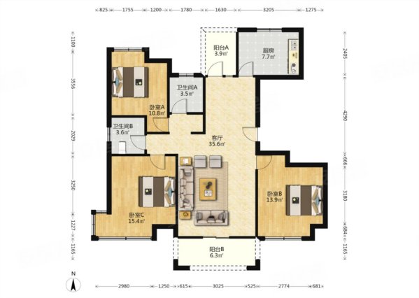 东方蓝海3室2厅2卫127.35㎡南北145万