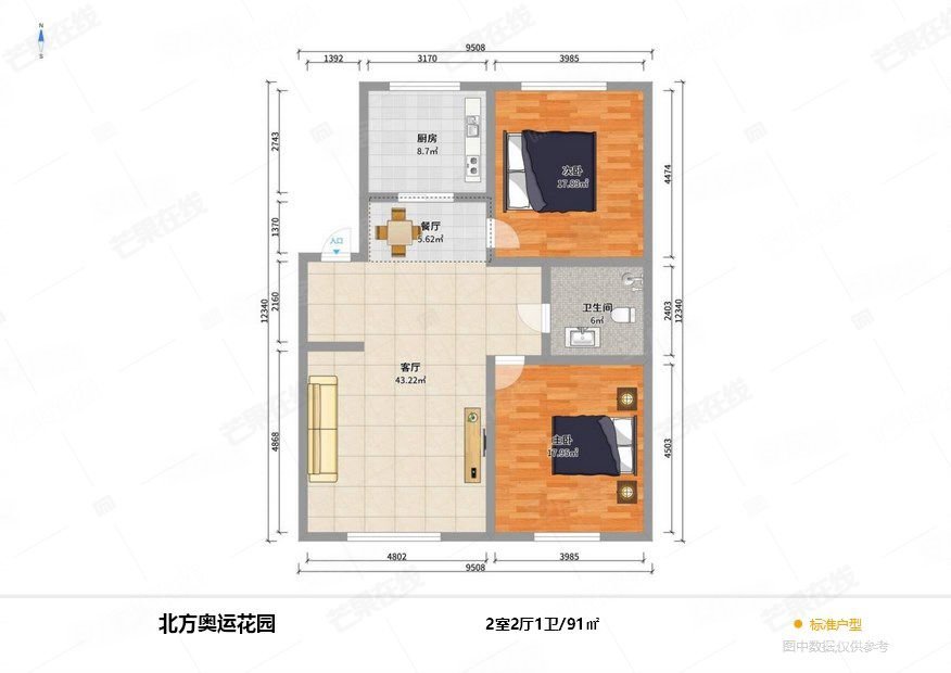 北方奥运花园2室2厅1卫91㎡南北65万