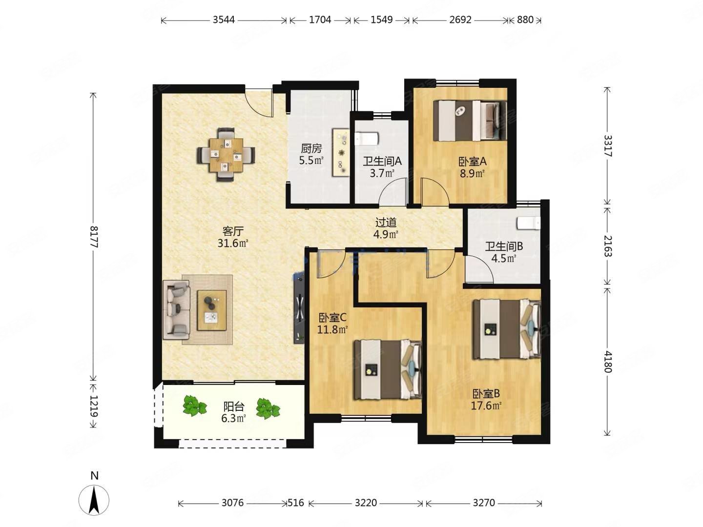 新建城b5区 高楼层采光充足 产权清晰 双卫 小三房 带电梯