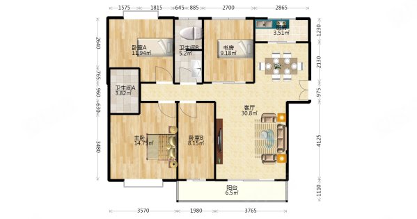 国际城4室2厅2卫125㎡南北88.8万