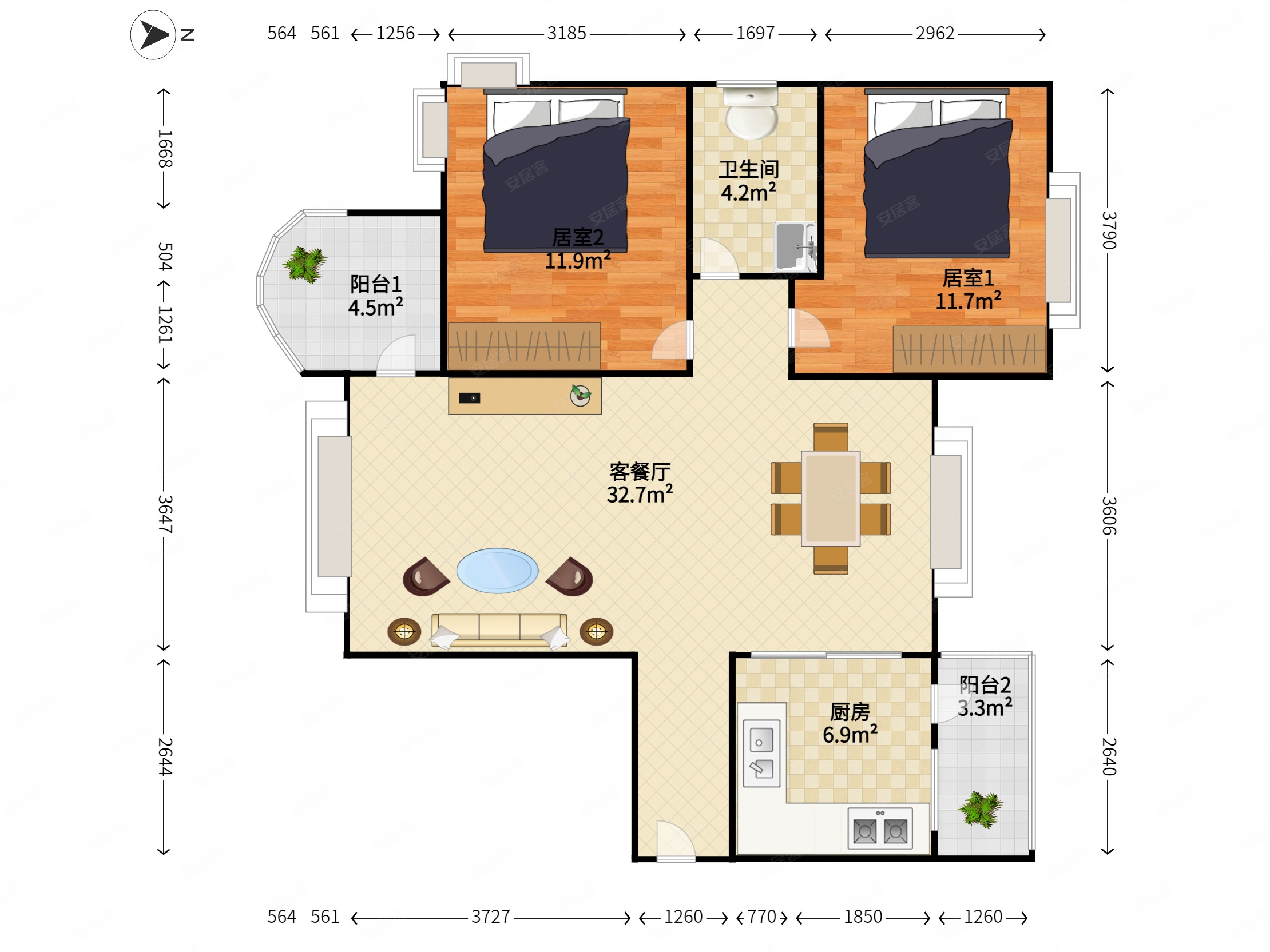 颐林雅院2室2厅1卫82.91㎡南北455万