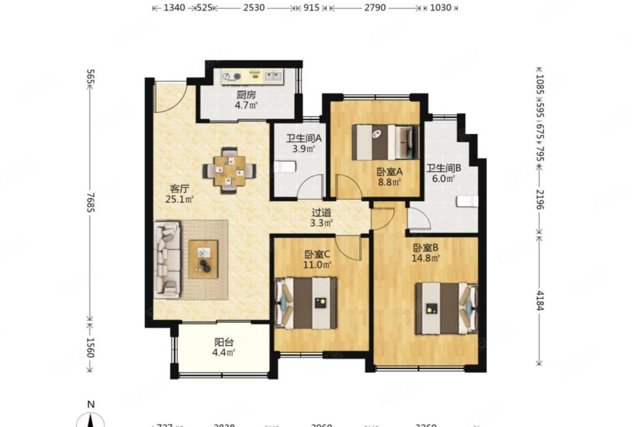 蓝光天悦城3室2厅2卫100.52㎡南225万